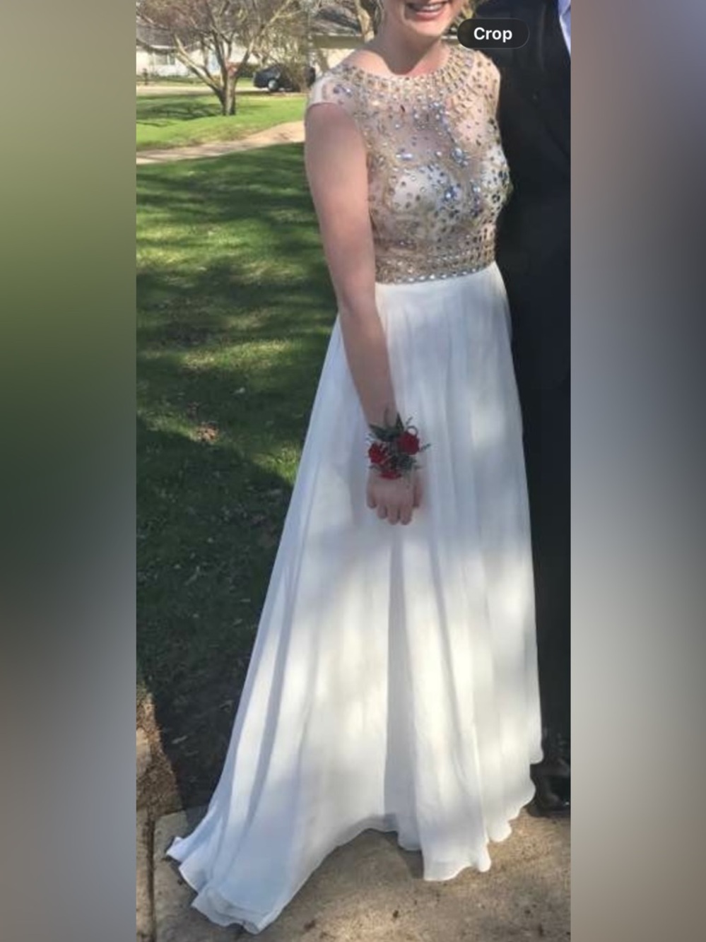 Embellished Gold Bodice White Prom Dress